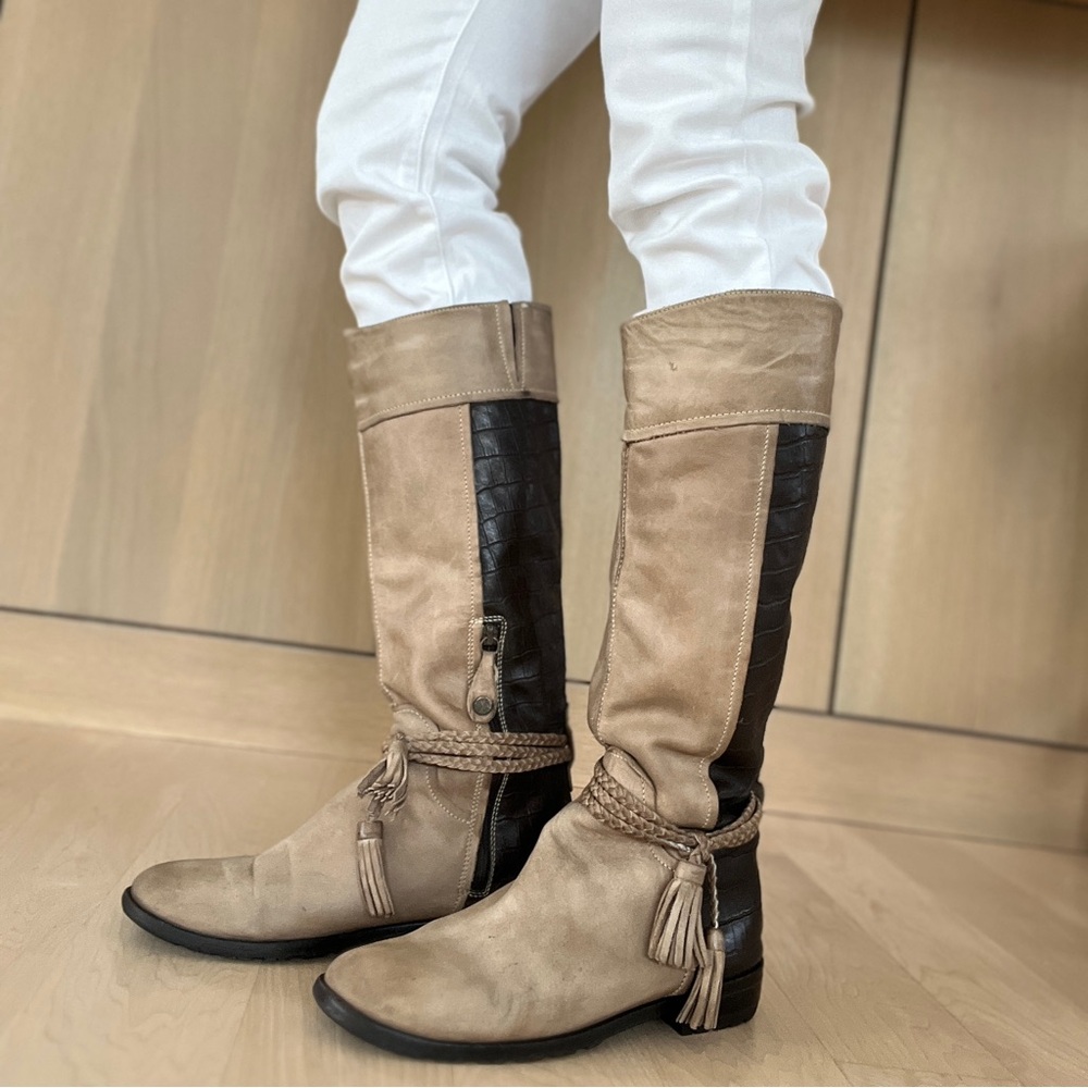 Tan and Reptile Embossed Leather Boots